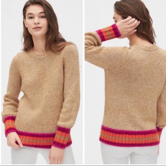 Gap Wool Alpaca Blend Stripe-Cuff Crewneck Sweater Tan Heather Women's Size XL - Picture 1 of 8